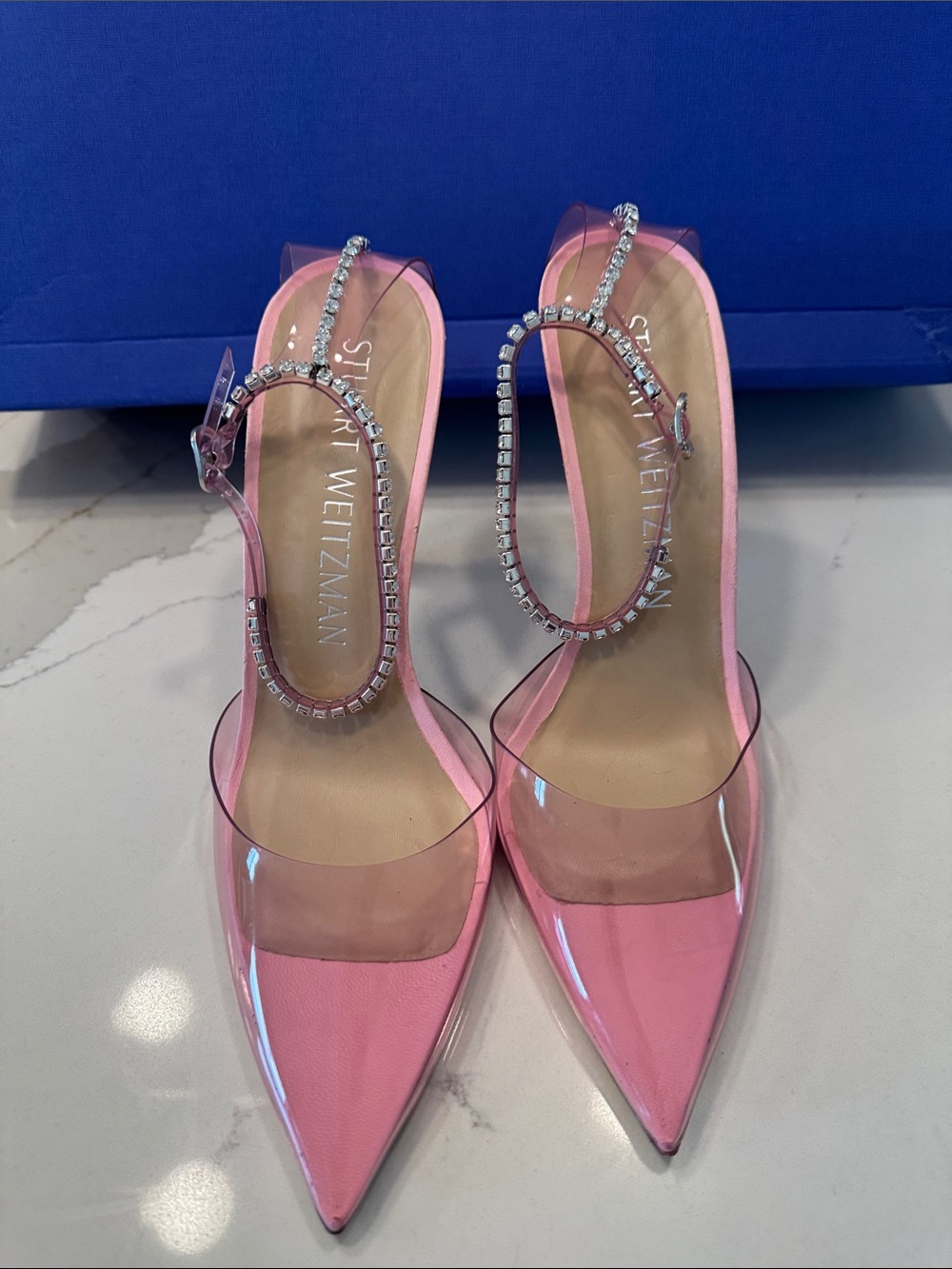 Stuart Weitzman Pink Crystal-Ankle PVC Pointed-Toe Pumps 10